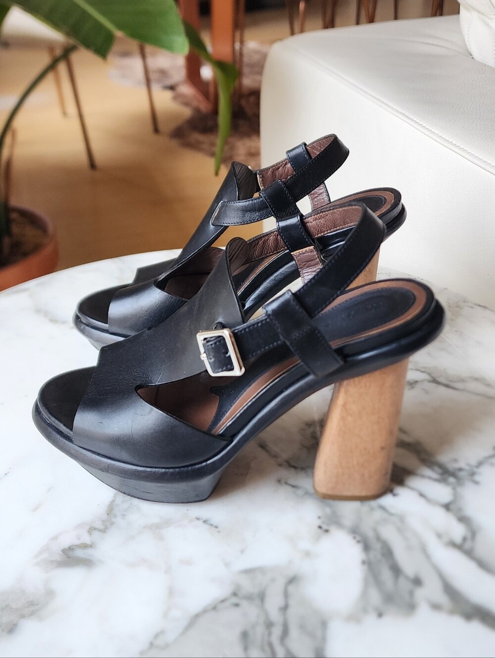 Marni Black Leather Slingback Wooden Platform Sandals Size 7